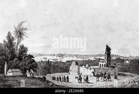 Panoramica della Citta' di Damasco. Storia della Siria. Antica incisione pubblicato in L'Univers Arabia, nel 1841. Storia dell'antica Arabia Foto Stock