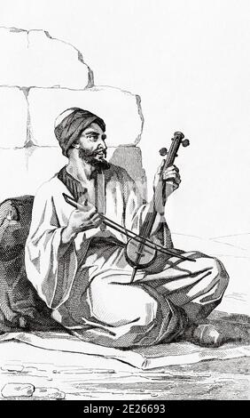 Arab riproduzione del kamancheh. La storia di Arabia. Antica incisione pubblicato in L'Univers Arabia, nel 1841. Storia dell'antica Arabia Foto Stock