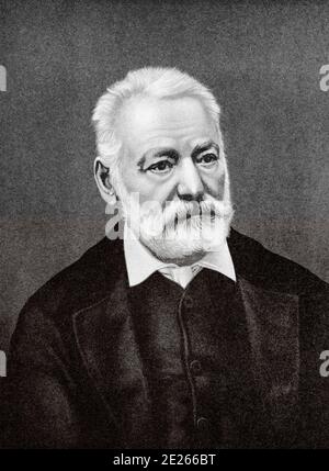 Victor Marie Hugo (Besançon, 26 febbraio 1802 - Parigi, 22 maggio 1885). Era poeta, drammaturgo e romanziere francese, uno dei più importanti della lingua francese. Politico e intellettuale impegnato e influente nella storia del suo paese e la letteratura del diciannovesimo secolo. Litografia a colori, Historia Camtemporanea Cesar Cantu 1882 Foto Stock