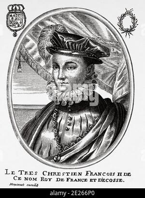 Ritratto di Francesco II di Francia (Fontainebleau, 19 gennaio 1544 - Orleans, 5 dicembre 1560), re di Francia dal 1559 al 1560. Figlio di Enrico II di Francia e di Caterina de' Medici. Storia di Filippo II di Spagna. Vecchia incisione pubblicata in Historia de Felipe II da H. Forneron, nel 1884 Foto Stock