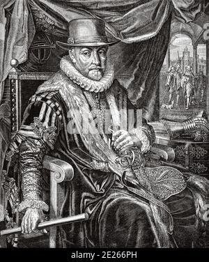 Ritratto di Guglielmo di Orange-Nassau. Willem van Oranje-Nassau (Dillenburg, 4 aprile 1533 – Delft, 10 luglio 1584), fu un membro della Casa di Nassau e divenne Principe d'Orange nel 1544. Si unì alla ribellione contro la corona spagnola. Storia di Filippo II di Spagna. Vecchia incisione pubblicata in Historia de Felipe II da H. Forneron, nel 1884 Foto Stock