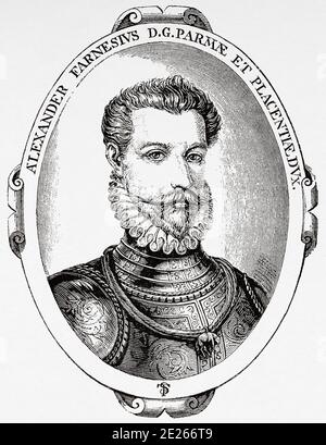 Ritratto di Alessandro Farnese, Alessandro Farnese. (Roma, 27 agosto 1545 – Arrás, 3 dicembre 1592) fu III duca di Parma, Plasencia e de Castro, figlio di Ottavio Farnesio e Margarita de Parma, figlia illegittima di Carlos i di Spagna e V del Sacro Romano Impero Germanico, nipote di Felipe II e Juan de Austria. Combatté nella battaglia di Lepanto contro i Turchi e nei Paesi Bassi contro i ribelli olandesi, così come in Francia nelle guerre di religione dalla parte cattolica contro il protestante. Storia di Filippo II di Spagna. Vecchia incisione pubblicata in Historia de Felipe II da H. Foto Stock