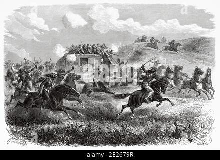 Gli Indiani del Colorado che attaccano la diligenza transcontinentale nel deserto, 1867 luglio, Stati Uniti d'America. Viaggio verso l'estremo ovest americano da Simonin 1867. Vecchia incisione El Mundo en la mano 1878 Foto Stock