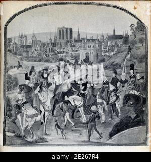 Paris au XVe siècle, lors de la Visite de Louis II d'Anjou. Notre-Dame, la Sainte-Chapelle, la Tour du Temple. Foto Stock