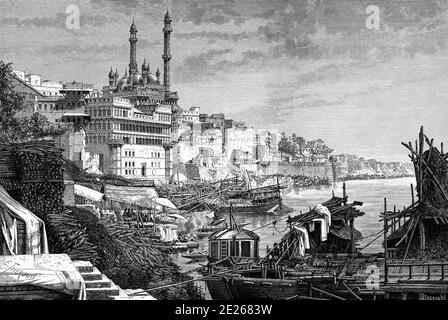 Moschea Alamgiri costruita dall'imperatore Mughal Aurangzeb, Panchganga Ghat e le rive del fiume Gange. Varanasi, Banares o Banaras. Uttar Pradesh, India. Vecchia illustrazione di incisione da El Mundo en la mano 1878 Foto Stock