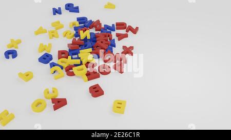 Lettere multicolore dell'alfabeto. Un mazzo di lettere dell'alfabeto latino si trova su una tavola bianca con spazio per la copia. illustrazione 3d. rendering 3d Foto Stock