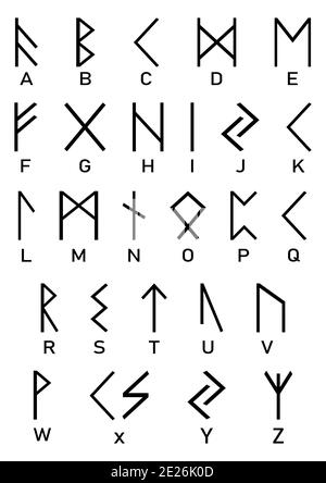 Simboli vichinghi in bianco e nero. Vecchie lettere rune e le loro controparti in alfabeto latino. Rune nere su sfondo bianco. Foto Stock