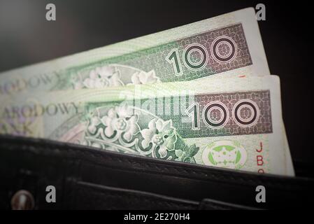 Banconote polacche in primo piano nel portafoglio. Concetto di bilancio e di finanziamento Foto Stock