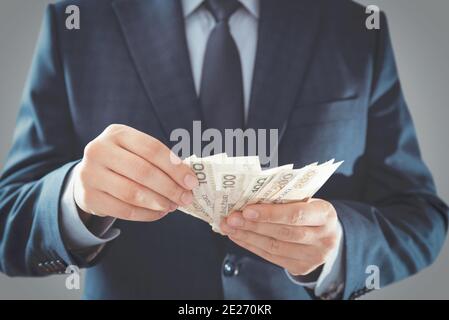 L'uomo in una tuta conta banconote polacche. Sovvenzioni statali, programmi di aiuto per le imprese concetto Foto Stock
