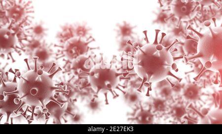 Coronavirus 2019-ncov SARS-cov-2 infezione influenzale 3D illustrazione medica. Vista microscopica delle cellule del virus dell'influenza rossa. Covid-19 contesto pandemico Foto Stock