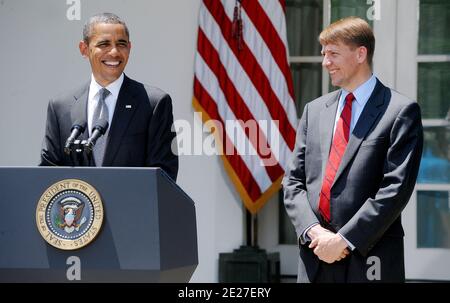 Il presidente DEGLI STATI UNITI Barack Obama nomina Richard Cordray come direttore del Consumer Financial Protection Bureau (CFPB) durante un evento nel Rose Garden alla Casa Bianca a Washington, DC, 18 luglio 2011. Cordray è stato avvocato generale dell'Ohio da gennaio 2009 a gennaio 2011.Photo da Olivier Douliery/ABACAPRESS.COM Foto Stock