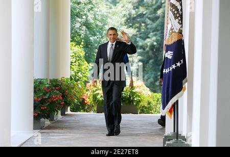 Il presidente DEGLI STATI UNITI Barack Obama nomina Richard Cordray come direttore del Consumer Financial Protection Bureau (CFPB) durante un evento nel Rose Garden alla Casa Bianca a Washington, DC, 18 luglio 2011. Cordray è stato avvocato generale dell'Ohio da gennaio 2009 a gennaio 2011.Photo da Olivier Douliery/ABACAPRESS.COM Foto Stock