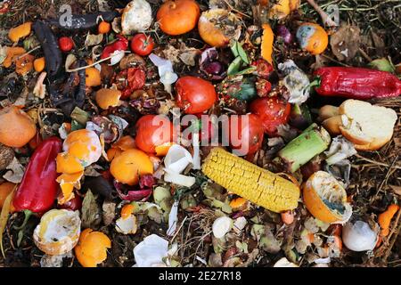 Cibo scartato e rovinato su un mucchio di rifiuti Foto Stock