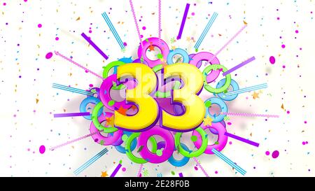 Numero 33 per promozione, compleanno o anniversario di esplosione di confetti, stelle, linee e cerchi di colore viola, blu, giallo, rosso e verde o Foto Stock