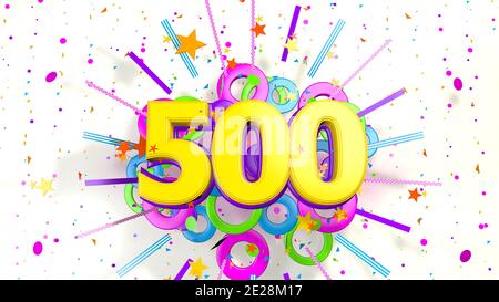 Numero 500 per la promozione, il compleanno o l'anniversario di un'esplosione di confetti, stelle, linee e cerchi di colore viola, blu, giallo, rosso e verde Foto Stock
