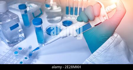 Guanto manuale con pipetta automatica e campioni, immagine panoramica. Polimerasi reazione a catena PCR utilizzato in test medici, biochimica, molecolare Foto Stock