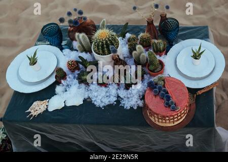 tavolo decorato con succulenti sul mare sera Foto Stock