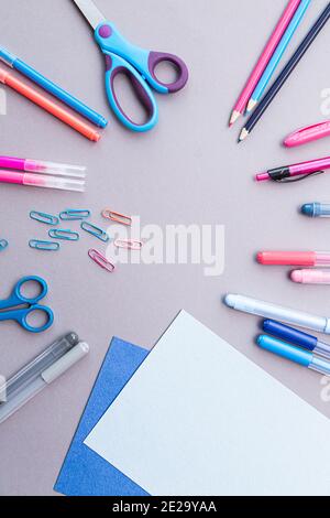 Varie cartoleria in rosa e blu, fogli bianchi di carta, su sfondo grigio con spazio per la copia. Posa piatta con matite, forbici, penne, carta Foto Stock