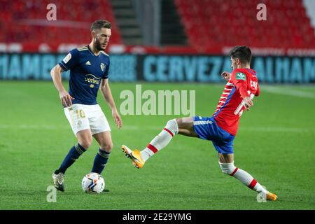 Roberto Torres di Osasuna e Carlos Neva di Granada durante Il campionato spagnolo la Liga partita di calcio tra Granada / LM Foto Stock