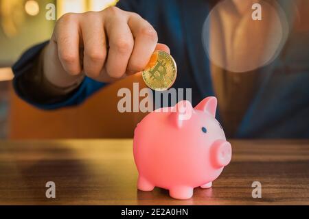 La mano di un uomo d'affari tiene una moneta di criptovaluta d'oro e mette un maiale in una banca piggy. Bitcoin, criptovaluta e concetto di risparmio. Foto Stock