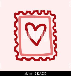 Tema del giorno di San Valentino icona doodle della posta disegnata a mano timbro con la forma del cuore isolato su un rosa Foto Stock