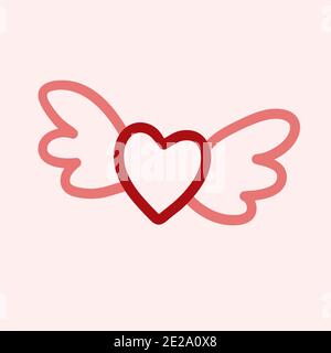 Tema del giorno di San Valentino icona doodle della forma del cuore disegnata a mano con piccole ali isolate su sfondo rosa Foto Stock