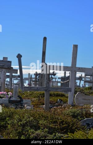 Groenlandia, Ilulissat, luglio - cimitero con croci nella tundra verde - cielo blu nella baia di Disko Foto Stock