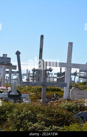 Groenlandia, Ilulissat, luglio - cimitero con croci nella tundra verde - cielo blu nella baia di Disko Foto Stock