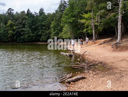 Parco Nazionale del Gargano, Riserva Naturale Foresta Umbra - Lago Umbra con turisti, Italia, Penisola del Gargano, Puglia, Foggia Foto Stock