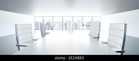 tavolo vuoto in luminoso loft con sedie e città panorama della linea di demarcazione sky busniess nella finestra rappresentazione 3d Foto Stock