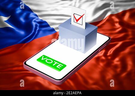 Illustrazione in 3d di una casella di voto con un cartellone in piedi su uno smartphone, con la bandiera nazionale del Cile sullo sfondo. Concetto di voto online, d Foto Stock