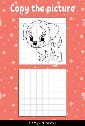 Copiare la foto. Cane animale. Colorare le pagine del libro per i bambini. Foglio di lavoro per lo sviluppo dell'istruzione. Gioco per bambini. Pratica di scrittura a mano. Carattere divertente. Illustrazione Vettoriale