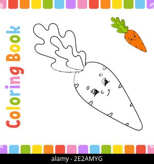 Libro da colorare per bambini. Carota vegetale. Carattere allegro. Illustrazione vettoriale. Carino stile cartoon. Pagina fantasy per bambini. Silhou contorno nero Illustrazione Vettoriale