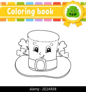 Libro da colorare per bambini. Cappello Leprechaun. Carattere allegro. Illustrazione vettoriale. Carino stile cartoon. Profilo a contorno nero. Isolato su sfondo bianco Illustrazione Vettoriale