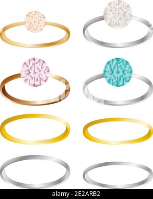 Set di diversi anelli di nozze d'oro e d'argento con e senza pietra preziosa Illustrazione Vettoriale