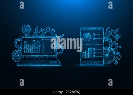 Ottimizzazione SEO a basso design poly. Ottimizzazione dei motori di ricerca per dispositivi mobili e laptop illustrazioni vettoriali poligonali su sfondo blu. Illustrazione Vettoriale