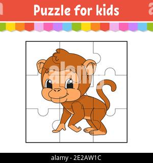 Gioco di puzzle per bambini. Scimmia marrone. Foglio di lavoro Education. Pagina attività colore. Indovinello per prescolare. Illustrazione vettoriale isolata. Stile cartone animato. Illustrazione Vettoriale