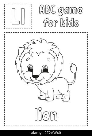 La lettera L è per leone. ABC gioco per bambini. Pagina di colorazione alfabetica. Personaggio cartoon. Parola e lettera. Illustrazione vettoriale. Illustrazione Vettoriale