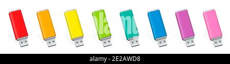 Set di memory stick USB, unità penna colorate. Unità flash USB rosso, arancione, giallo, verde, ciano, blu, rosa e viola - illustrazione su sfondo bianco. Foto Stock