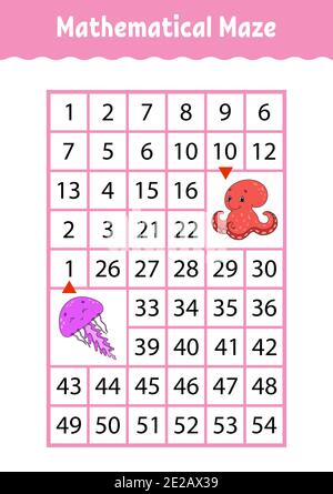Labirinto rettangolare matematico. Meduse e polpo. Gioco per bambini. Numero labirinto. Foglio di lavoro Education. Pagina attività. Indovinello per bambini. Cartone animato Illustrazione Vettoriale