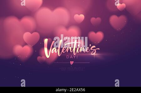 Bokeh blurred heart shape lucido sfondo lussuoso per San Valentino Complimenti. Scrittura a mano scritta Happy San Valentino. Vettore illustrati Illustrazione Vettoriale