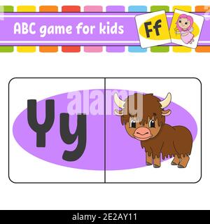 Schede flash ABC. Yak animale. Alfabeto per bambini. Lettere di apprendimento. Foglio di lavoro Education. Pagina delle attività per lo studio dell'inglese. Gioco a colori per bambini. Isola Illustrazione Vettoriale