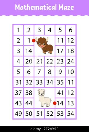 Labirinto rettangolare matematico. Yak e alpaca. Gioco per bambini. Numero labirinto. Foglio di lavoro Education. Pagina attività. Indovinello per bambini. Cartoon Charact Illustrazione Vettoriale