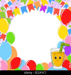 Buon compleanno biglietto di auguri con un simpatico personaggio dei cartoni animati. Copia con lo spazio per il tuo testo. Immagine sullo sfondo di Allegre mongolfiere, coriandoli e Illustrazione Vettoriale