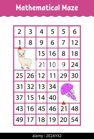 Labirinto rettangolare matematico. Alpaca e meduse. Gioco per bambini. Numero labirinto. Foglio di lavoro Education. Pagina attività. Indovinello per bambini. Cartoon c Illustrazione Vettoriale