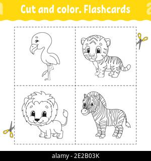 Taglio e colore. Set flashcard. flamingo, tigre, leone, zebra. Libro da colorare per bambini. Personaggio cartoon. Animale carino. Illustrazione Vettoriale