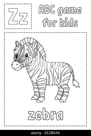 La lettera Z è per la zebra. ABC gioco per bambini. Pagina di colorazione alfabetica. Personaggio cartoon. Parola e lettera. Illustrazione vettoriale. Illustrazione Vettoriale