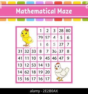 Labirinto matematico. Gioco per bambini. Numero labirinto. Foglio di lavoro per lo sviluppo dell'istruzione. Pagina attività. Puzzle per bambini. Personaggi cartoni animati. Pasqua il Illustrazione Vettoriale