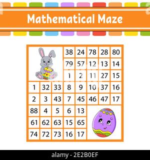 Labirinto matematico. Gioco per bambini. Numero labirinto. Foglio di lavoro per lo sviluppo dell'istruzione. Pagina attività. Puzzle per bambini. Personaggi cartoni animati. Pasqua il Illustrazione Vettoriale
