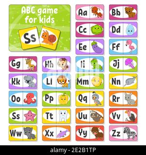 Impostare le schede flash ABC. Alfabeto per bambini. Lettere di apprendimento. Foglio di lavoro per lo sviluppo dell'istruzione. Pagina delle attività per lo studio dell'inglese. Gioco a colori per bambini. Fu Illustrazione Vettoriale